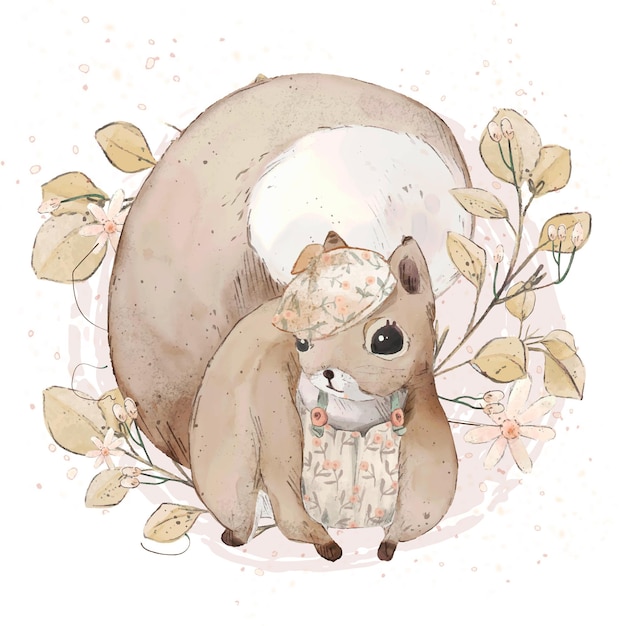 Plik wektorowy ilustracja akwarela wiewiórka, kwiat, liść, gwiazda i naturalne dzikie ręcznie rysowane zestaw