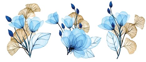 Plik wektorowy ilustracja akwarela. zestaw bukietów przezroczystych kwiatów. niebieskie kwiaty i liście miłorzębu.