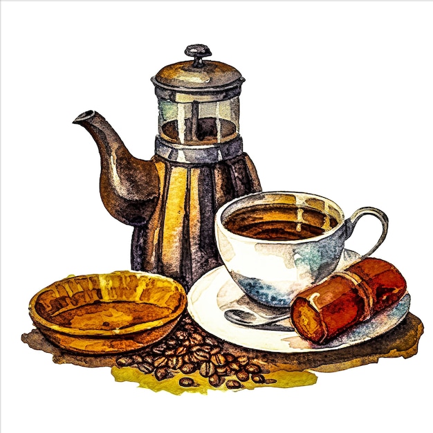 Ilustracja akwarela zestaw do kawy