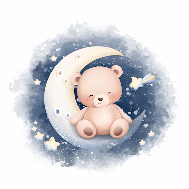 Ilustracja Akwarelowa Słodki Niedźwiedź śpi Na Księżycu