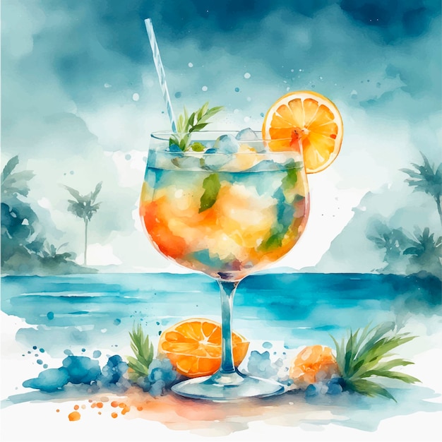 Ilustracja Akwarelowa Tropical Cocktail