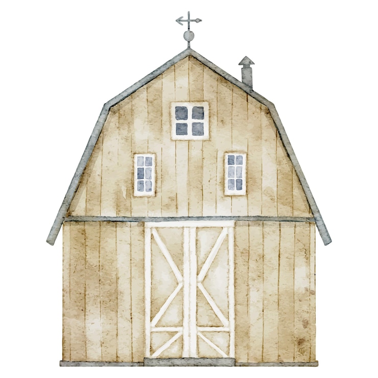 Wektor ilustracja akwarelowa wiejskiej stodoły z łopatą wykonaną z drewna i metalowych elementów na izolowanym tle rysunek starego vintage farm house w pastelowych kolorach do projektowania wiejskiego i festiwalu zbiorów