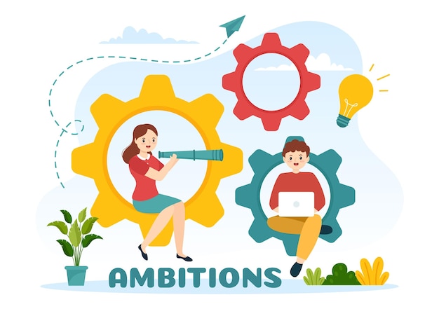 Plik wektorowy ilustracja ambicji z przedsiębiorcą wspinającym się po drabinie do sukcesu i rozwoju kariery