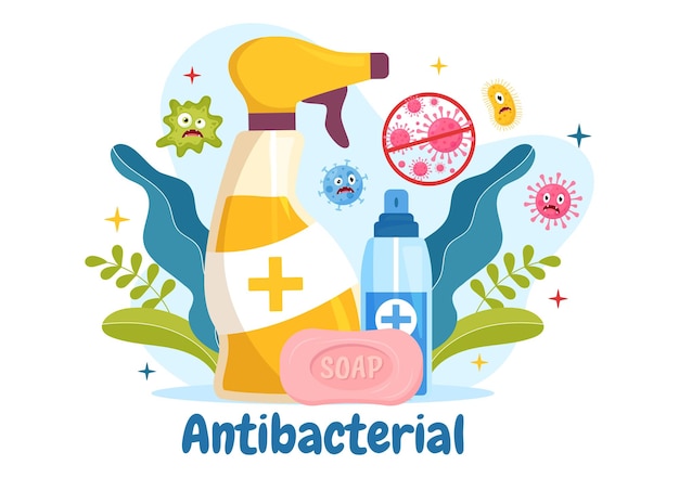 Plik wektorowy ilustracja antybakteryjna z infekcją wirusową i kontrolą bakterii drobnoustrojów w higienie opieki zdrowotnej