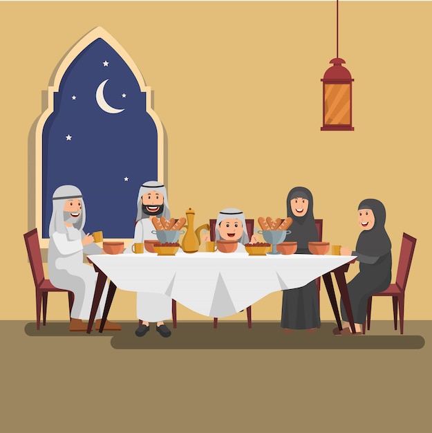 Ilustracja Arabska Rodzina Cieszy Się Iftar