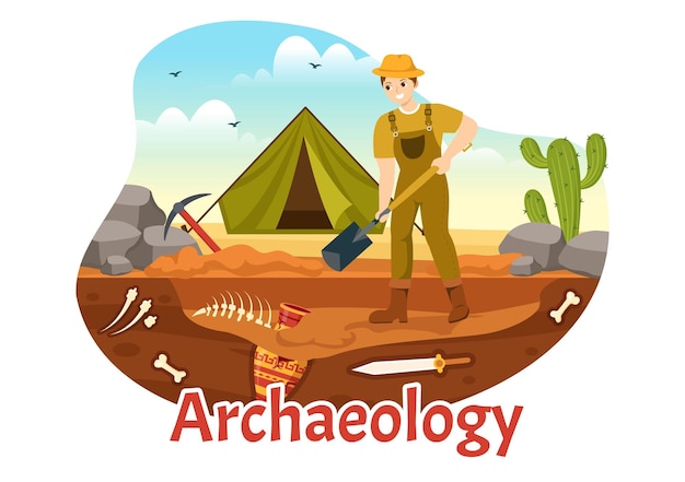 Plik wektorowy ilustracja archeologiczna z wykopaliskami archeologicznymi starożytnych ruin artefaktów i skamielin