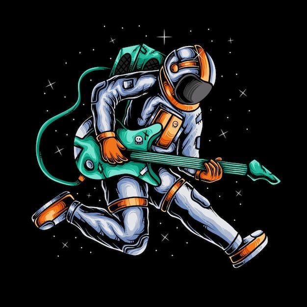 ilustracja astronauty grającego na gitarze w kosmosie