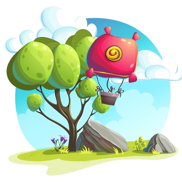 Ilustracja Balonem Na Tle Drzew I Skał