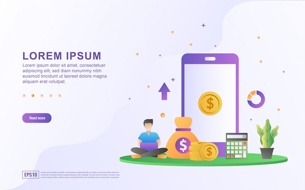 ilustracja bankowości mobilnej i finansów z ikoną telefonu komórkowego i pieniędzy.