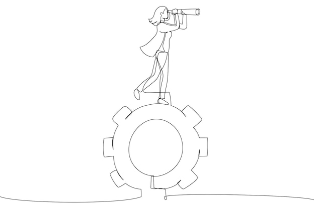 Ilustracja Bizneswoman Stojącej Na Kołach Zębatych Wygląda Przez Teleskop Styl Sztuki Jednej Linii