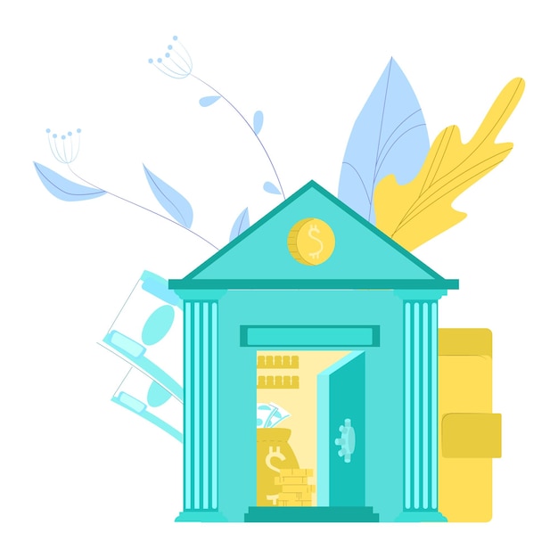 Plik wektorowy ilustracja budynku banku z symbolami walutowymi i monetami instytucja finansowa z elementami kwiatowymi bank pieniężny ilustracji wektorowej oszczędności i inwestycji