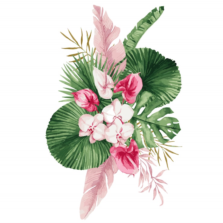 Wektor ilustracja, bukiet akwarela z tropikalnymi liśćmi i kwiatami, biała orchidea, różowa róża i białe anturium, monstera i liście palmowe.