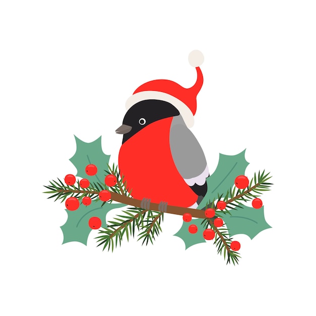 Plik wektorowy ilustracja bullfinch w kapeluszu świętego mikołaja na gałęzi z gałęziami sosny i holly jolly