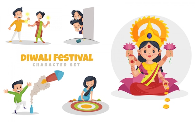 Ilustracja Cartoon Diwali Festiwal Zestaw Znaków