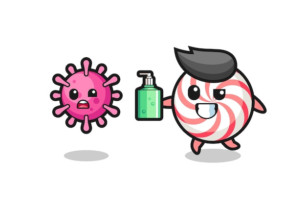 Ilustracja Cukierkowej Postaci Goniącej Złego Wirusa Za Pomocą środka Do Dezynfekcji Rąk, ładny Styl Na Koszulkę, Naklejkę, Element Logo
