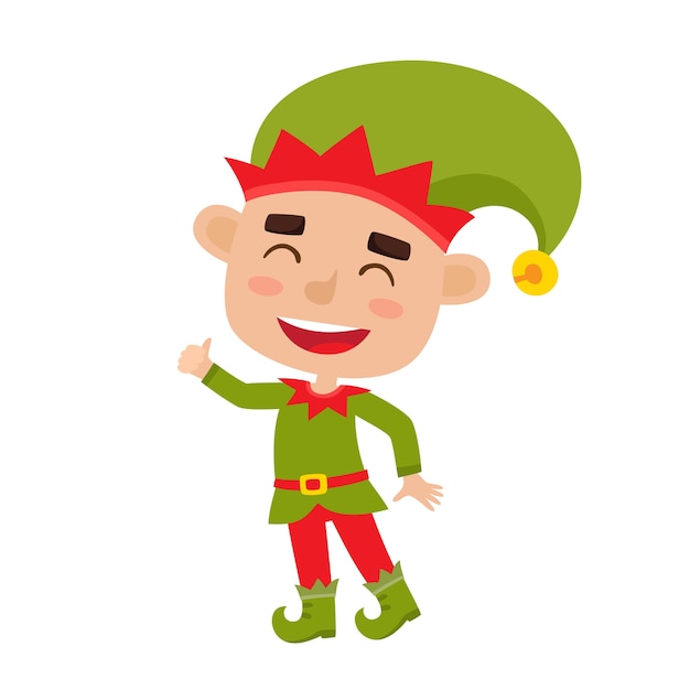 Ilustracja cute little Christmas boy elf uśmiechnięty na białym tle