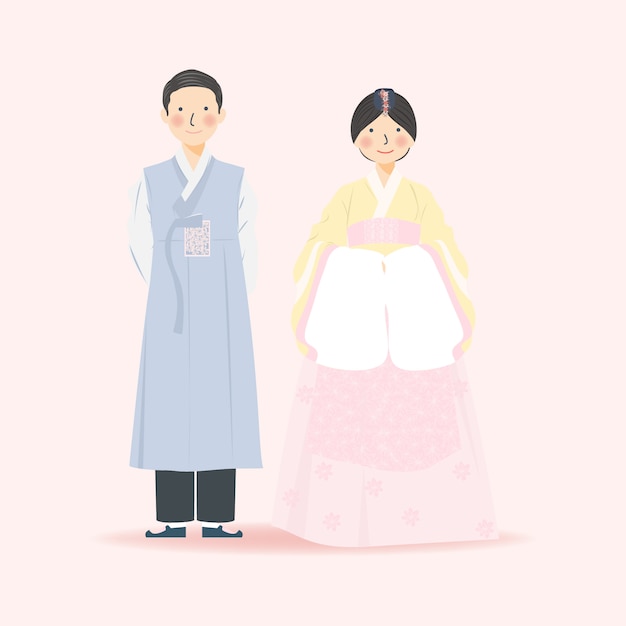 Ilustracja Cute Para W Tradycyjnych Strojach ślubnych Hanbok W Korei Południowej, Elegancka Ilustracja Cute Para