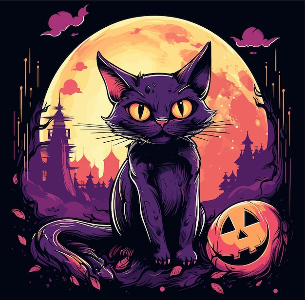 Plik wektorowy ilustracja czarnego kota pozującego na halloween na ulicy tajemnicza fantazja, straszny kotek