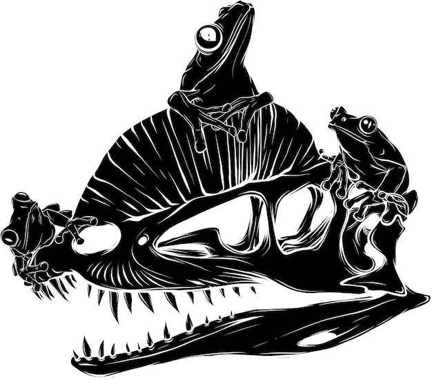 Plik wektorowy ilustracja czaszek dinozaurów mięsożerców z żabą