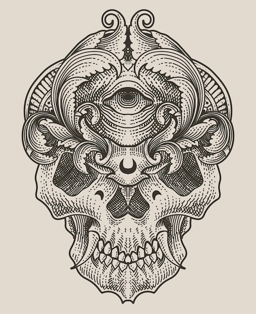 Ilustracja Czaszki Głowy Z Grawerowanym Stylem Ornamentu