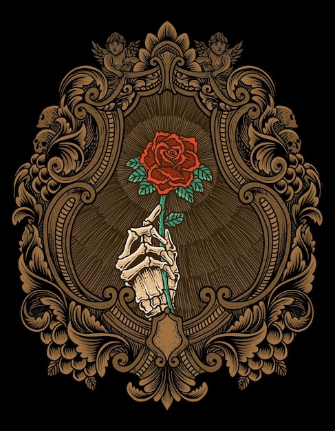 Plik wektorowy ilustracja czaszki wektorowej z kwiatkiem róży z ramką z rzeźbą ozdobną