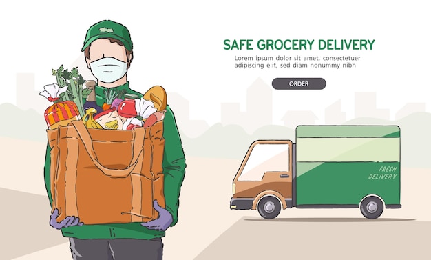 Plik wektorowy ilustracja człowieka dostawy spożywczej noszenia maski i rękawiczek podczas pracy, dostarczanie do drzwi. koncepcja bezpiecznej dostawy.