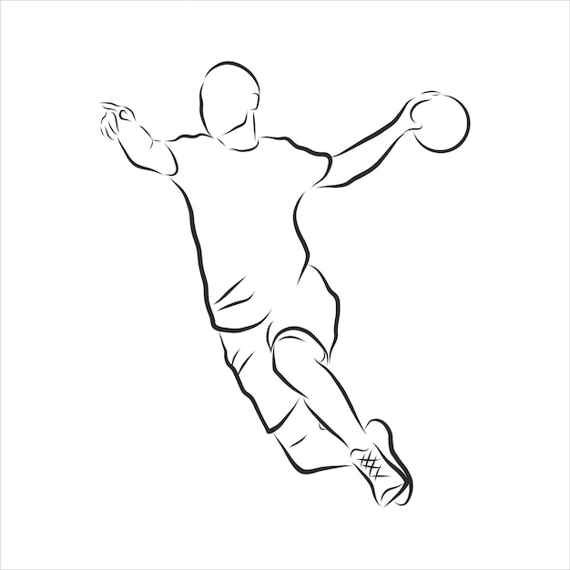 Ilustracja Człowieka Grającego W Piłkę Ręczną. Czarno-biały Rysunek, Białe Tło