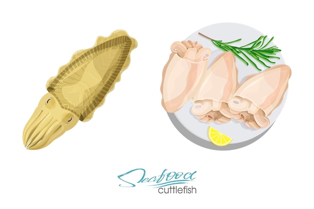 Ilustracja dania z mątwy z cytryną i rozmarynem na talerzu