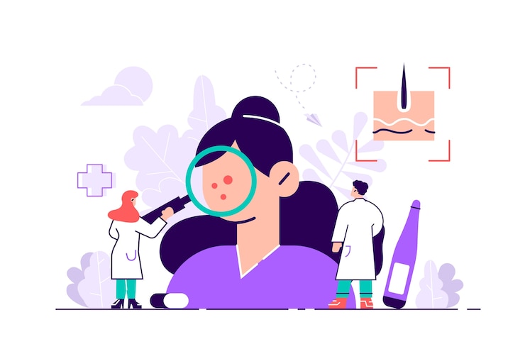 Wektor ilustracja dermatologa płaskie małe pojęcie skóry lekarza osób