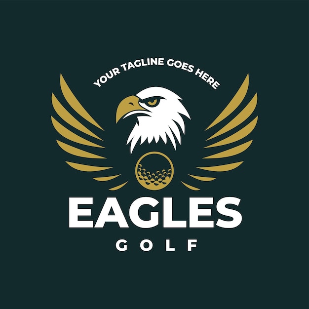 Plik wektorowy ilustracja designu eagles club golf z skrzydłami w kolorze żółtym z piłkami golfowymi na ciemnym i jasnym tle