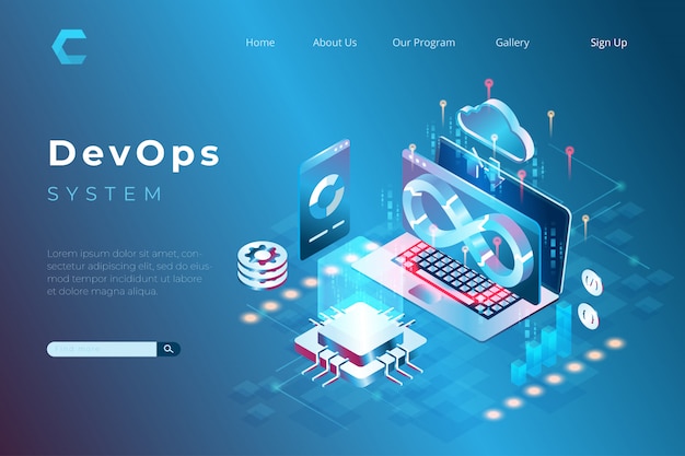 Ilustracja devops z systemem, programem, integracją kodu w izometrycznym stylu 3d