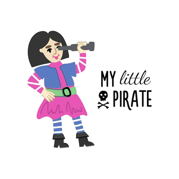 Ilustracja Dla Dzieci Przedstawiająca Piracką Dziewczynę W Stroju Morskim I Z Teleskopem W Dłoniach