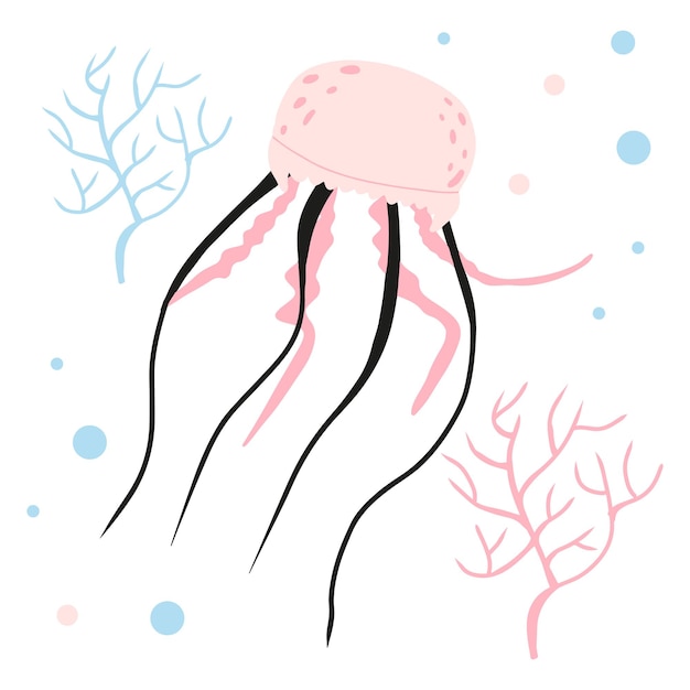 Ilustracja Dla Dzieci Różowa Meduza Z Algami. Ręcznie Rysowane Plakat Z Cute Meduzy Dla Przedszkola. Ilustracja Wektorowa