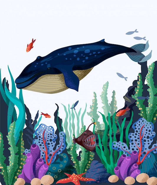 Ilustracja Dna Morskiego Z Wielorybami, Rybami I Roślinami Morskimi.