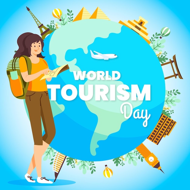 Plik wektorowy ilustracja dnia turystyki z kobietą z plecakiem i kulą ziemską