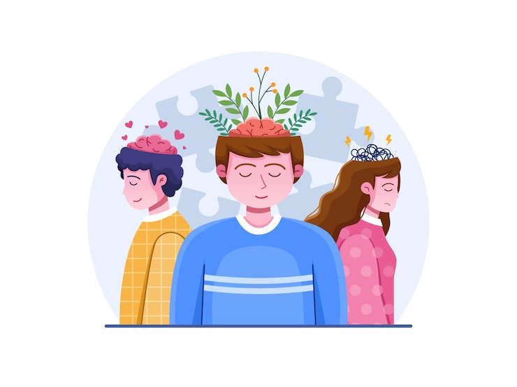 Wektor ilustracja dnia zdrowia psychicznego z grupą osób o zróżnicowanym zdrowiu psychicznym