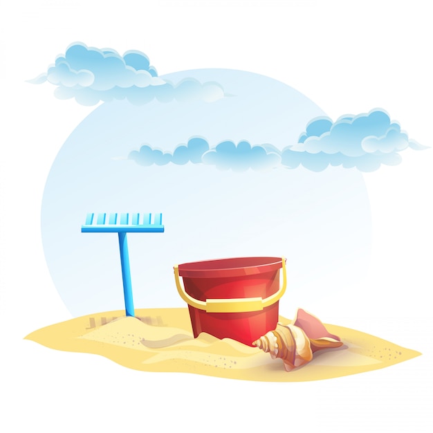 Plik wektorowy ilustracja do wiadra z piaskiem dla dzieci i grabie z powłoką