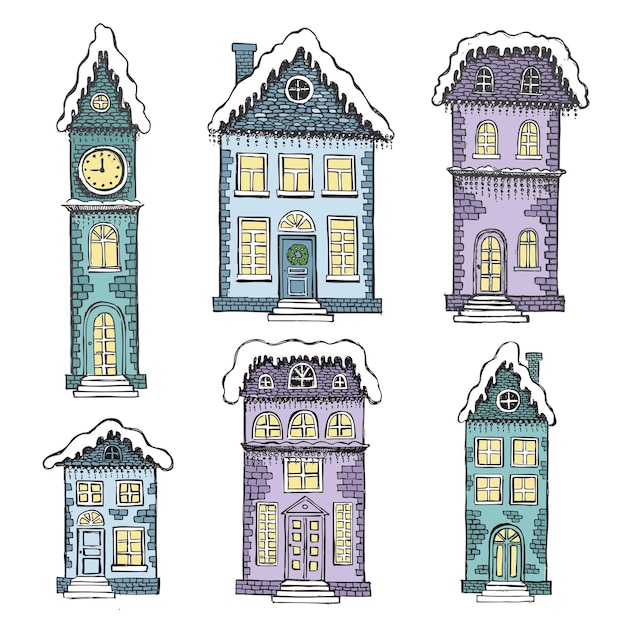 Ilustracja Domów Kartka Z życzeniami świątecznymi Zestaw Ręcznie Rysowanych Budynków