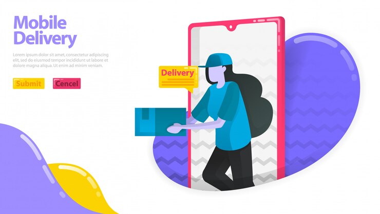 Wektor ilustracja dostawy mobilnej. kobiety, które dostarczają towary. kurier wychodzący z telefonu komórkowego. wniosek o zamówienie dostawy.