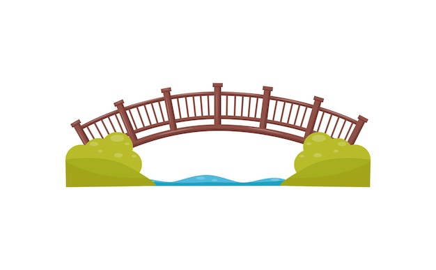 Plik wektorowy ilustracja drewnianego mostu łukowego przejście przez rzekę most pieszy wykonany z drewna element dekoracyjny dla mapy parku miejskiego ikona w stylu kreskówki kolorowy płaski wektor izolowany na białym tle