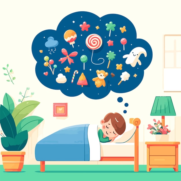 Ilustracja Dziecka śpiącego I Marzącego O Cudownych Rzeczach W Stylu Płaskiego Projektu