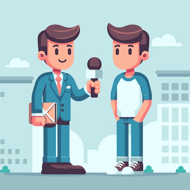 Plik wektorowy ilustracja dziennikarza przeprowadzającego wywiad z osobą z mikrofonem