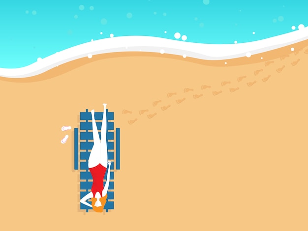 Ilustracja Dziewczyna Na Plażowym Krześle W Lato Odgórnego Widoku Wektoru Tle