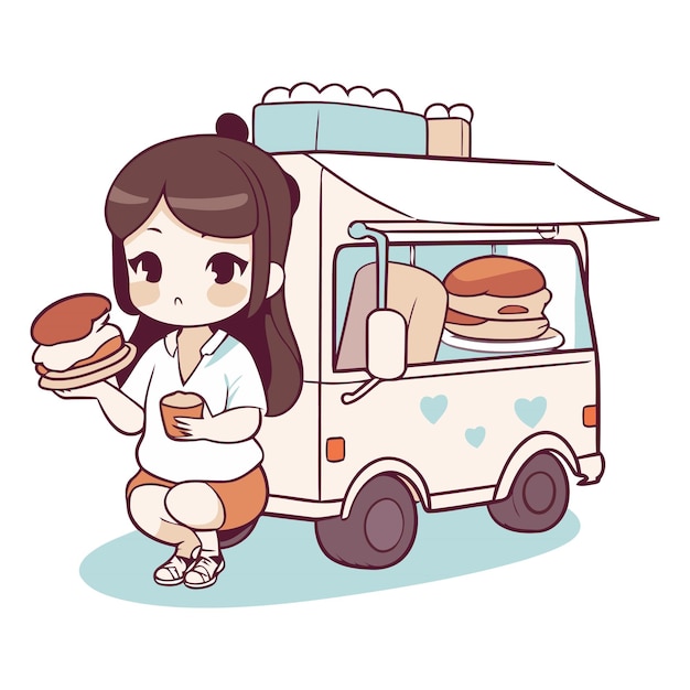 Plik wektorowy ilustracja dziewczyny jedzącej hamburger i ciężarówkę z fast foodem