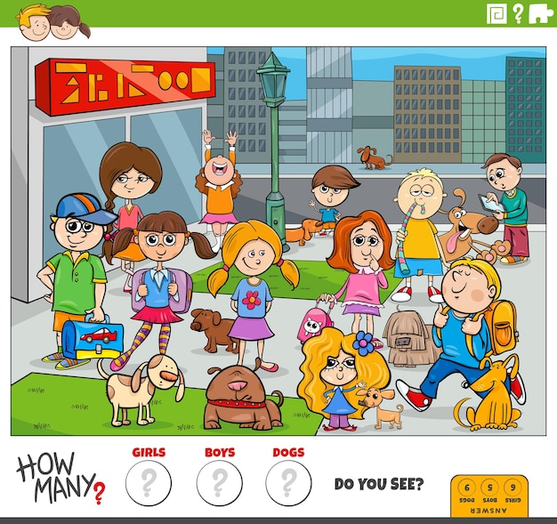 Plik wektorowy ilustracja edukacyjnej aktywności liczenia z kreskówkowymi dziećmi i psami