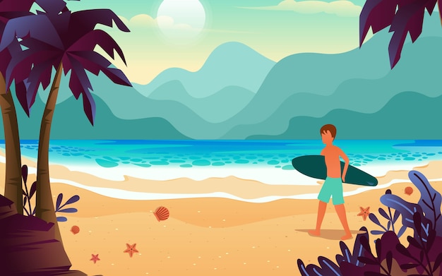 Plik wektorowy ilustracja egzotycznego człowieka ze skórą spaceru po plaży, niosąc deskę surfingową w postaci wektora płaska konstrukcja.