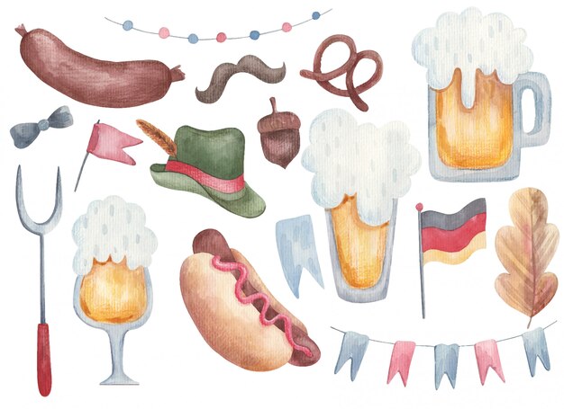 Plik wektorowy ilustracja elementów akwarela oktoberfest, oktoberfest clipart bar menu napoje i przekąski ilustracja