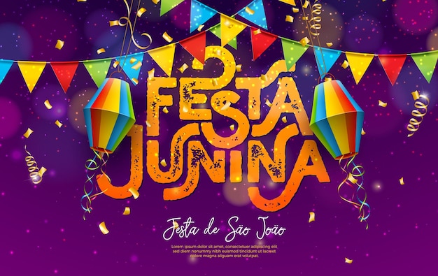 Ilustracja Festa Junina z kolorowymi flagami partyjnymi i papierową latarnią na padającym tle konfetti