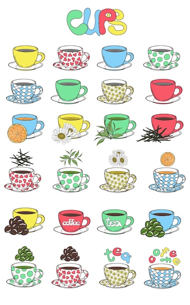 Plik wektorowy ilustracja filiżanek do herbaty i kawy z różnymi składnikami