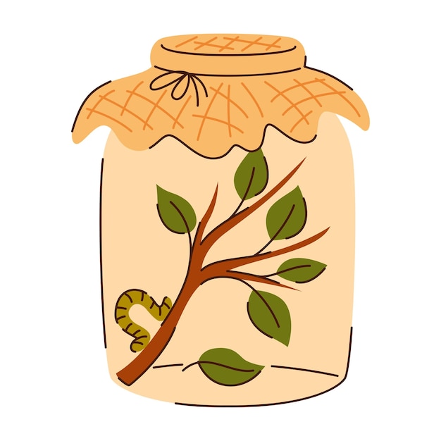 Plik wektorowy ilustracja gąsienicy owadowej w szklanym słoiku na gałęzi z liśćmi